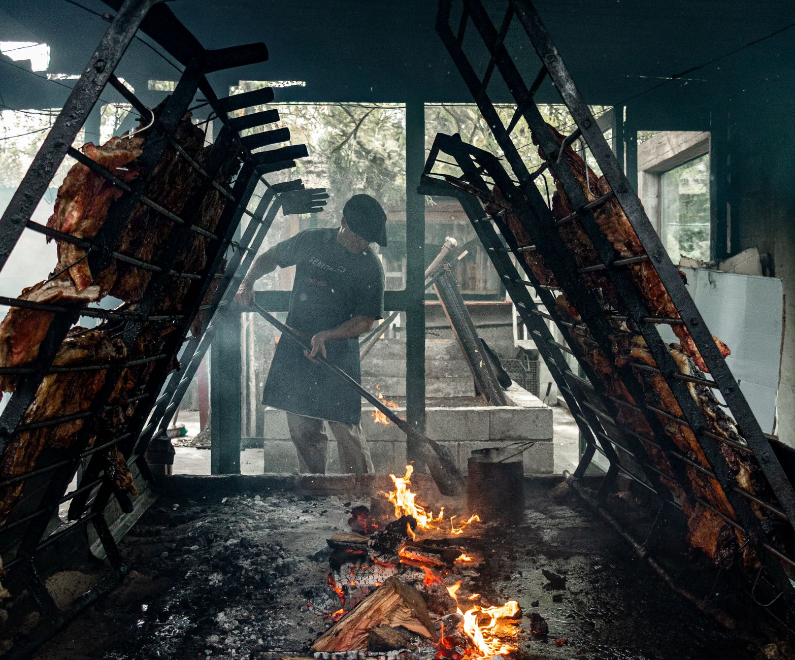 Wood-fired cooking at an event